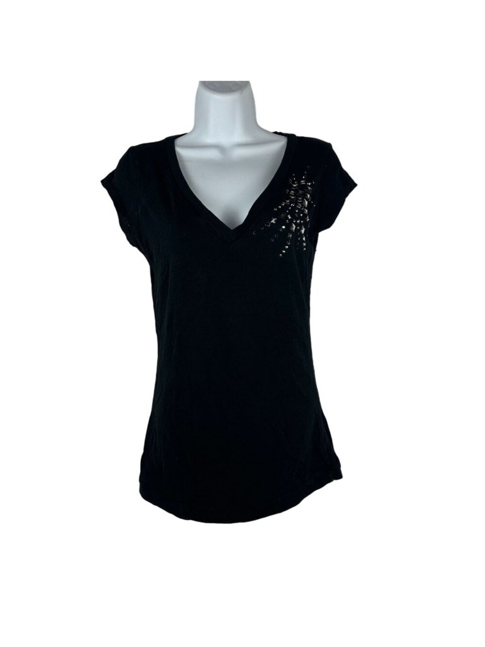 Susie Rose Womens Black V-Neck Embellished T-Shirt Size M Stretchy Cotton Blend